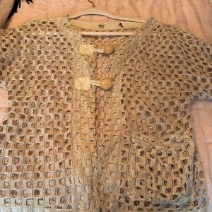 Open Knit Beige Crochet Cardigan with Wooden Buttons